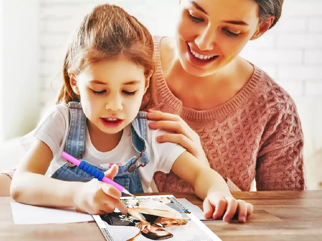 mother and daughter enjoying diamond painting