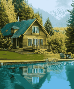 Aesthetic Lakeside Cabin Scene Diamond Painting