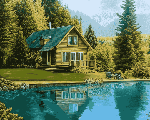 Aesthetic Lakeside Cabin Scene Diamond Painting