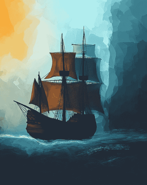 Aesthetic Sail Ship on Ocean Waves Diamond Painting