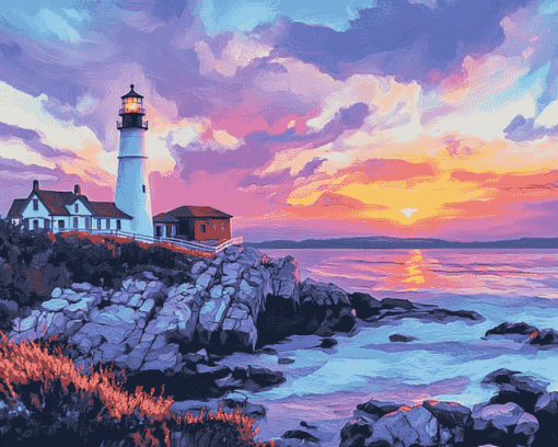 Aesthetic Sunset at Portland Lighthouse Diamond Painting