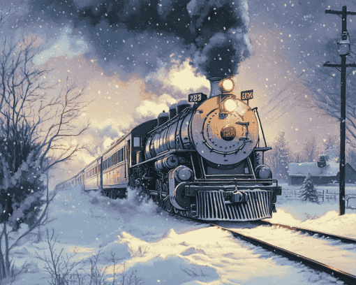 Aesthetic Winter Steam Train Diamond Painting