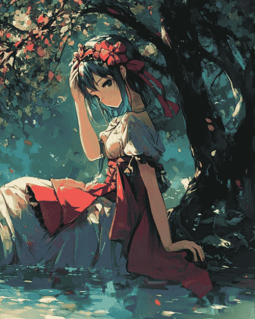 Anime Girl Under Tree Diamond Painting