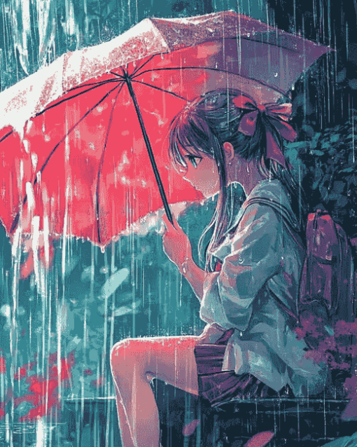 Anime Girl in Rain Diamond Painting