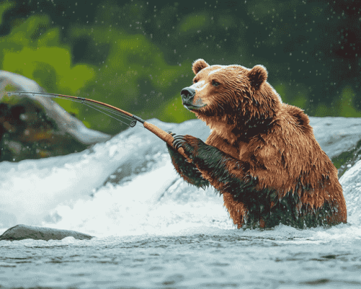 Bear Wildlife Fishing Diamond Painting