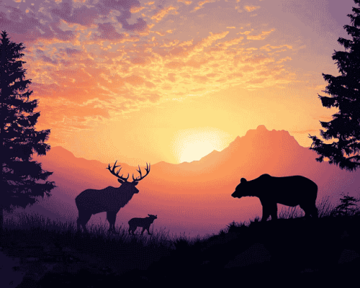 Bear and Elk Sunset Silhouette Diamond Painting