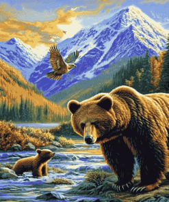 Bears and Eagles in Colorful Mountains Diamond Painting