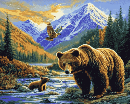 Bears and Eagles in Colorful Mountains Diamond Painting