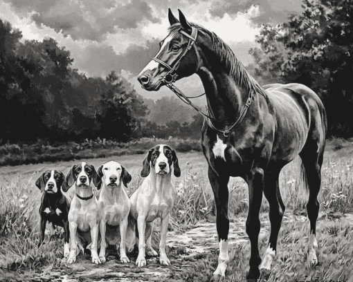 Black And White Horse And Hound Diamond Painting