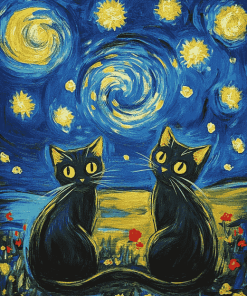 Black Cats Under Starry Nights Diamond Painting