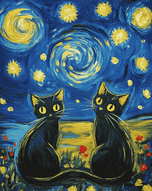 Black Cats Under Starry Nights Diamond Painting