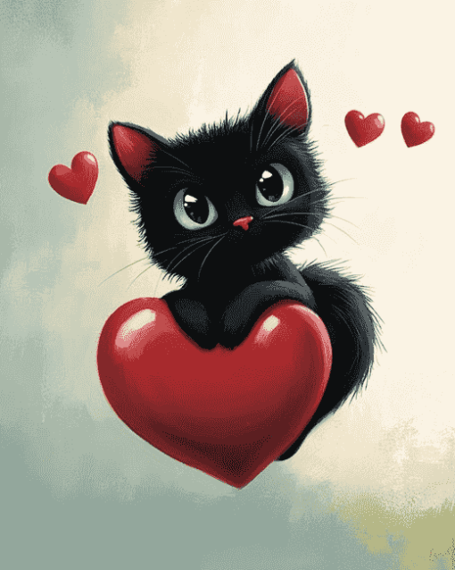 Black Kitty Heart Diamond Painting