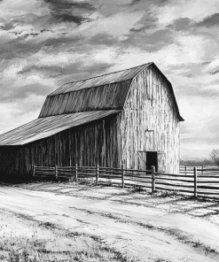 Black and White Barn Landscape Diamond Painting