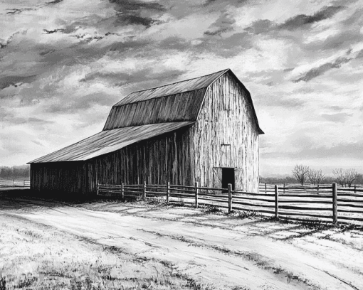 Black and White Barn Landscape Diamond Painting