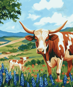 Bluebonnets Longhorn Cattle Diamond Painting