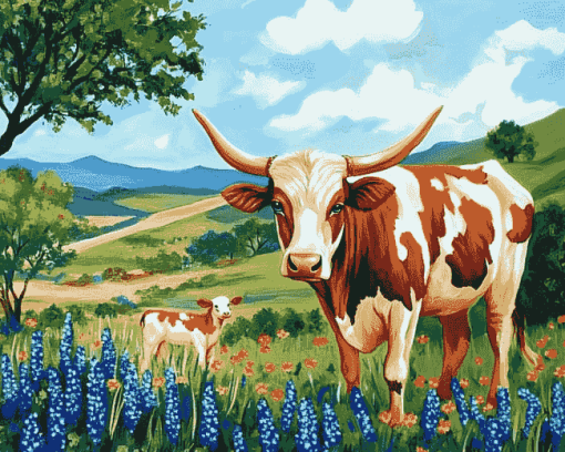 Bluebonnets Longhorn Cattle Diamond Painting