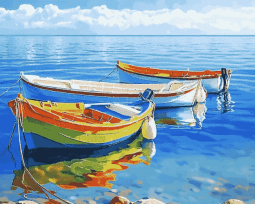 Bright Mediterranean Seascape Boats Diamond Painting