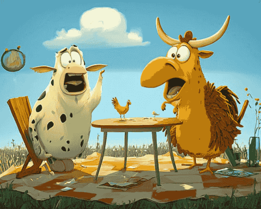 Cartoon Adventure Cow And Chicken Diamond Painting