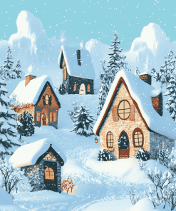 Cartoon Houses in Winter Diamond Painting