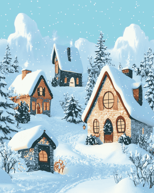 Cartoon Houses in Winter Diamond Painting