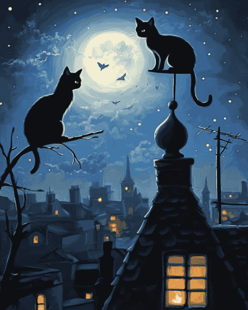 Cat Nights on Roofs Diamond Painting