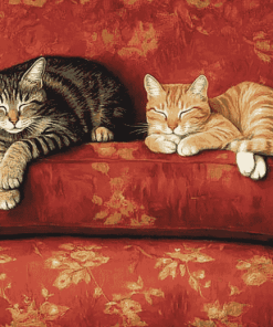 Cats Relaxing on Red Sofa Diamond Painting