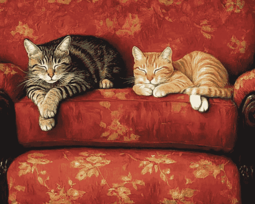 Cats Relaxing on Red Sofa Diamond Painting