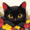 Cute Black Kitties with Flowers Diamond Painting