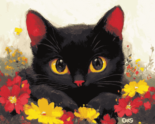 Cute Black Kitties with Flowers Diamond Painting