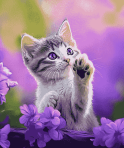 Cute Kitten with Purple Blooms Diamond Painting