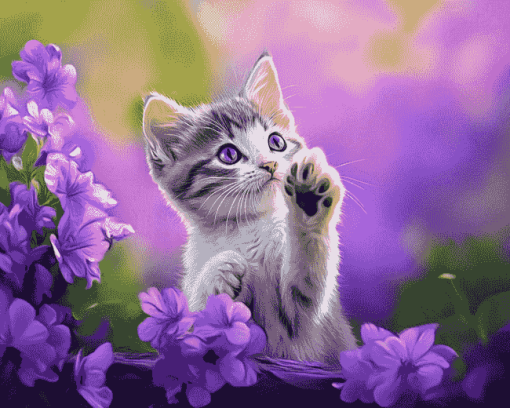 Cute Kitten with Purple Blooms Diamond Painting