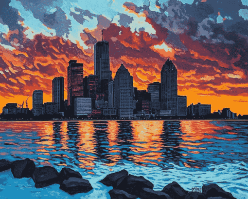 Detroit Skyline at Sunset Diamond Painting