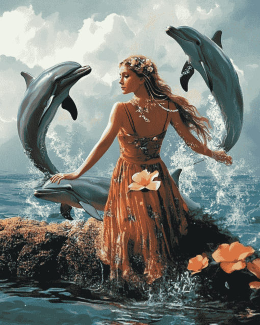 Elegant Woman with Dolphins Diamond Painting