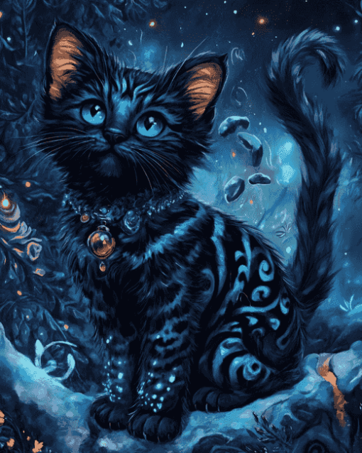 Fantasy Blue Black Kitty Diamond Painting