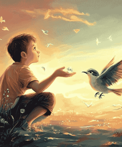 Fantasy Boy and Bird Scene Diamond Painting