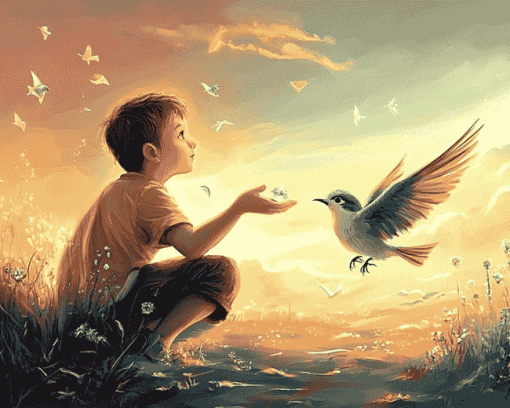 Fantasy Boy and Bird Scene Diamond Painting