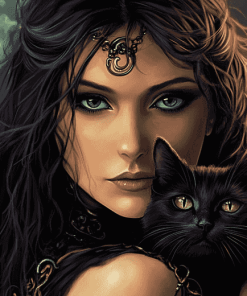 Fantasy Woman with Black Cat Diamond Painting