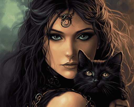 Fantasy Woman with Black Cat Diamond Painting