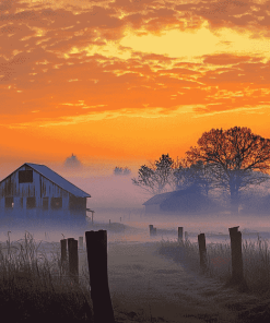 Farm Misty Sunrise Scenery Diamond Painting