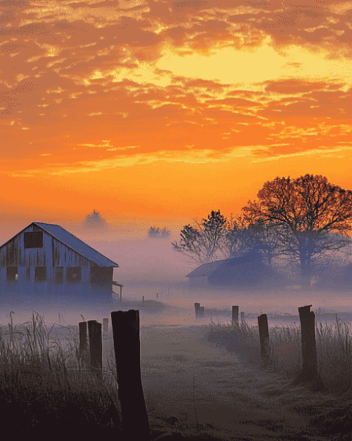 Farm Misty Sunrise Scenery Diamond Painting