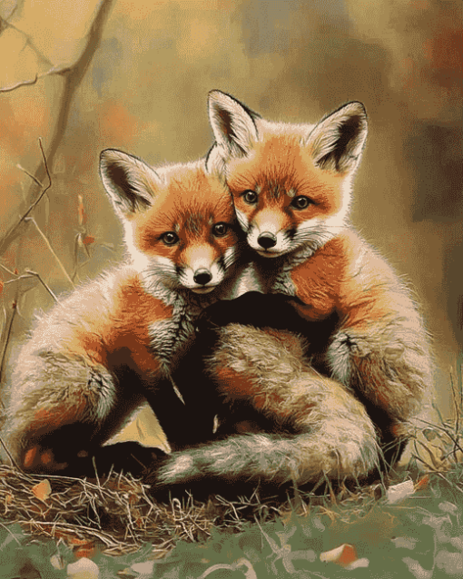 Fox Cubs Playful Diamond Painting