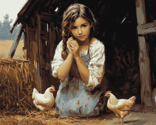 Girl with Chicken on the Farm Diamond Painting