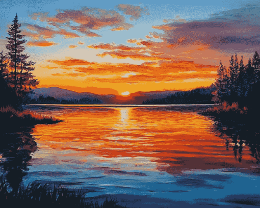 Golden Sunset Over Lake Diamond Painting