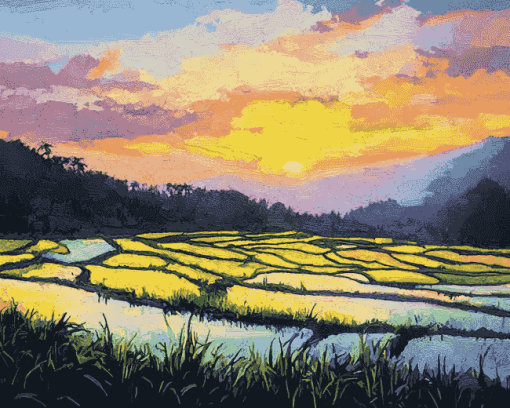 Golden Sunset Over Rice Terraces Diamond Painting