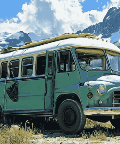 Green Skoolie Bus Mountain Adventure Diamond Painting