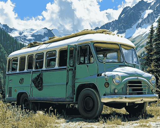 Green Skoolie Bus Mountain Adventure Diamond Painting