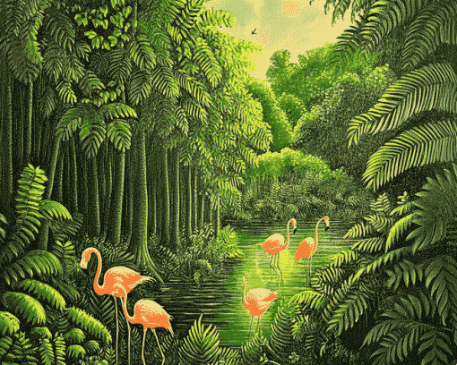 Henri Robert Bresil Flamingos Forest Diamond Painting