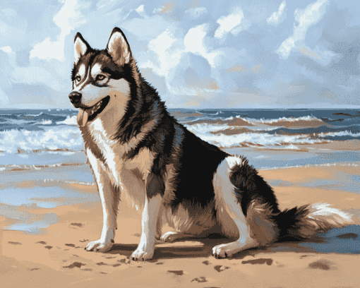 Husky Puppy Beach Diamond Painting