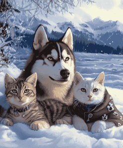 Husky and Cat Snow Adventure Diamond Painting