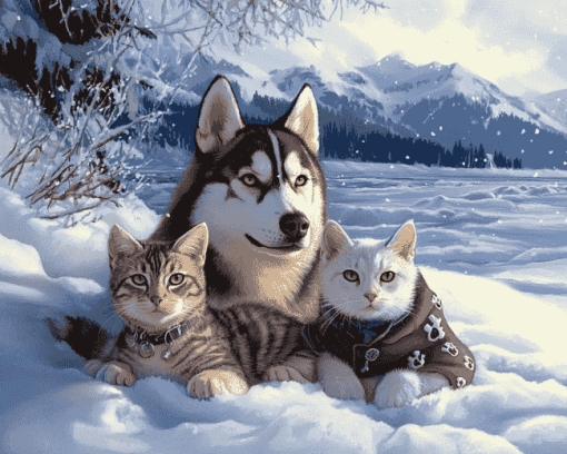 Husky and Cat Snow Adventure Diamond Painting